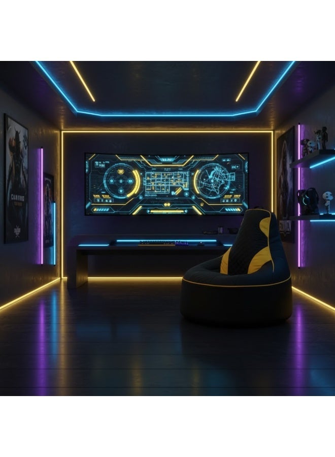 VELMORE Gaming Bean Bag Chair Cover ONLY – NO FILLING / WITHOUT BEANS | High-Back Quilted Seat, Side Pockets, Headphone Hanger & Water-Repellent Fabric - Yellow - Image 4